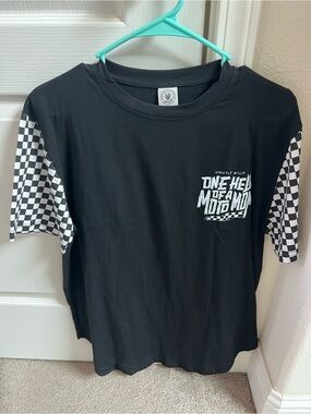 Black Graphic Tee with Checkered Sleeve Panels
